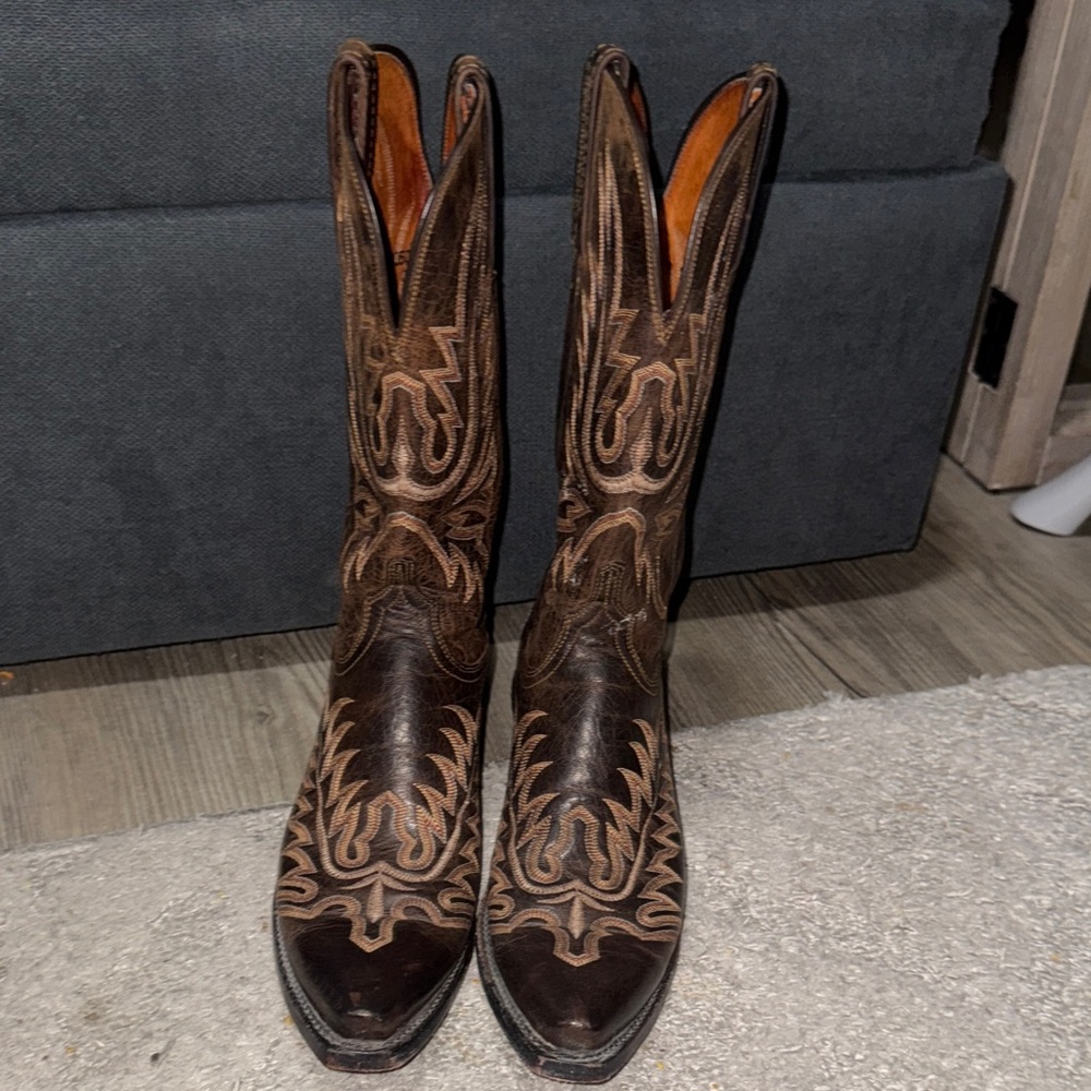 Lucchese Dark Brown Western Cowboy Boots with Tan Stitching